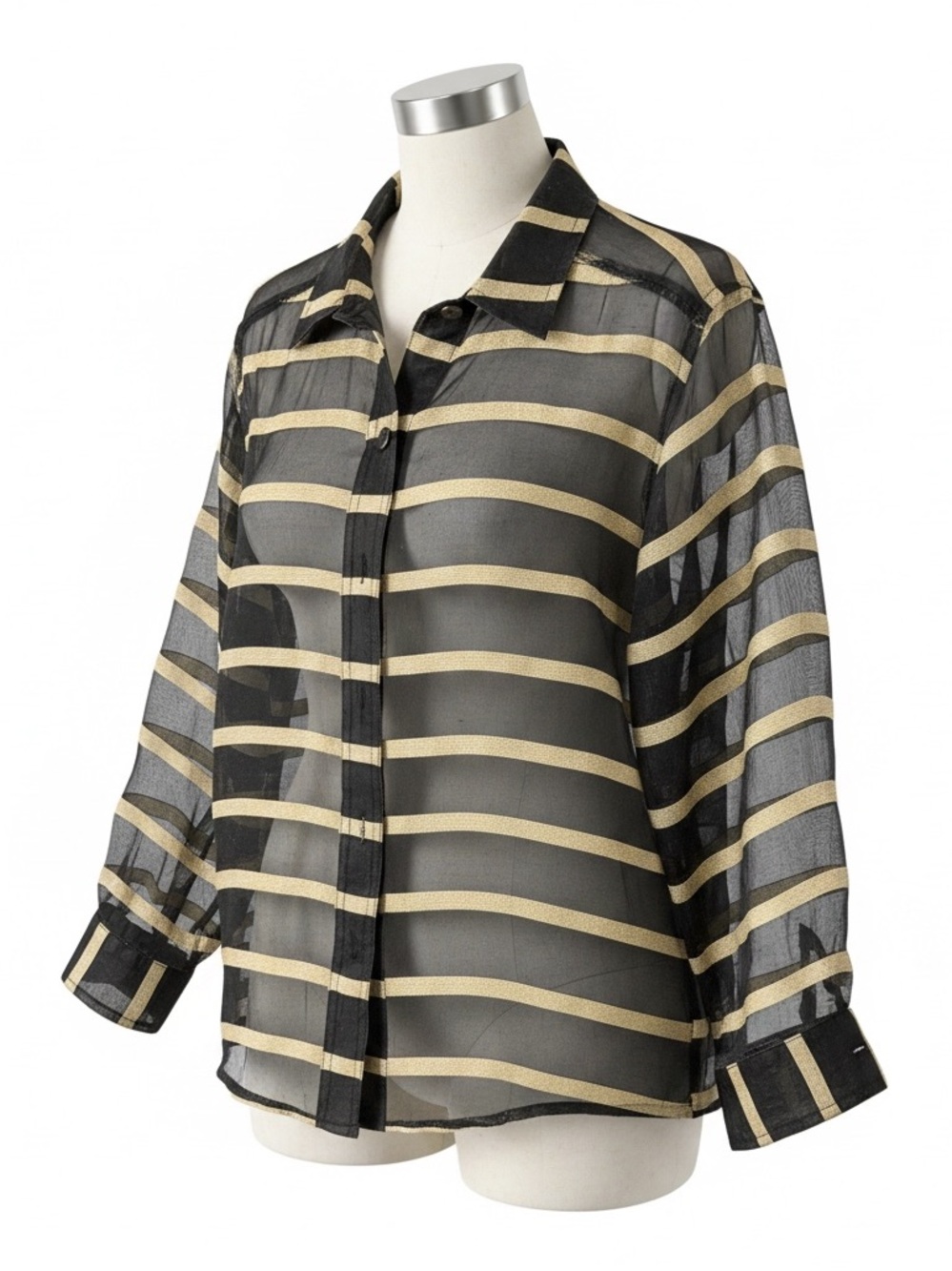 Sheer Black and Gold Striped Button-Up Blouse vintage 100% silk